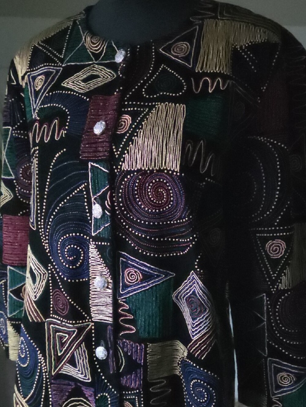 80s Vintage Gloria Lance Black Gold Wearable Art Geometric Art to Wear Jacket M